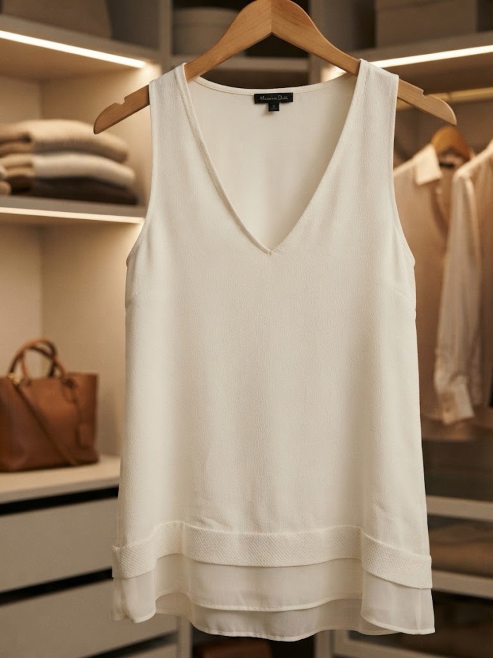 Massimo Dutti Cream Flowing V-Neck Layered Double-Hem Tank Top (Size S)